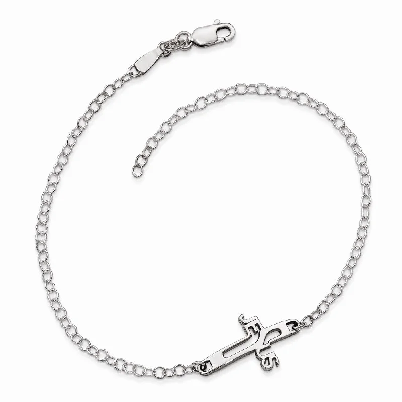 Rhodium Plated Sterling Silver Jesus Cross Anklet, 9.5 Inch