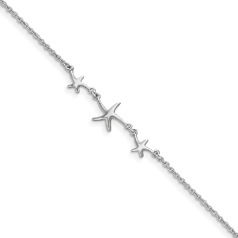 Rhodium-Plated Sterling Silver Three Sea Stars Anklet, 10-11 Inch