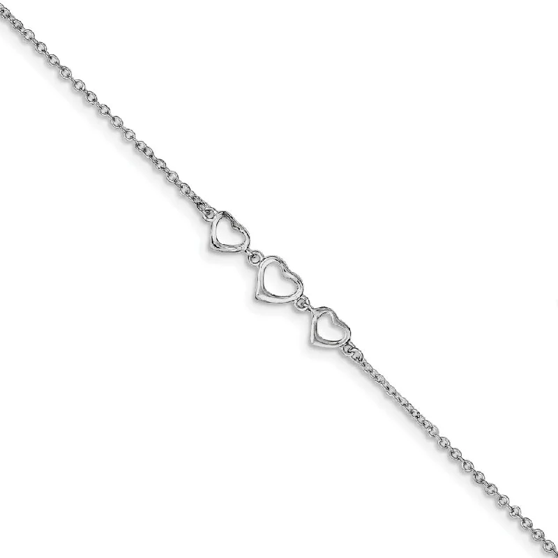 Rhodium-Plated Sterling Silver Triple Heart Anklet, 10-11 Inch