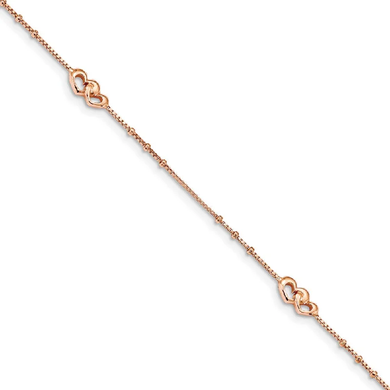 Rose-Tone Plated Sterling Silver Hearts And Box Chain Anklet, 9-10 In