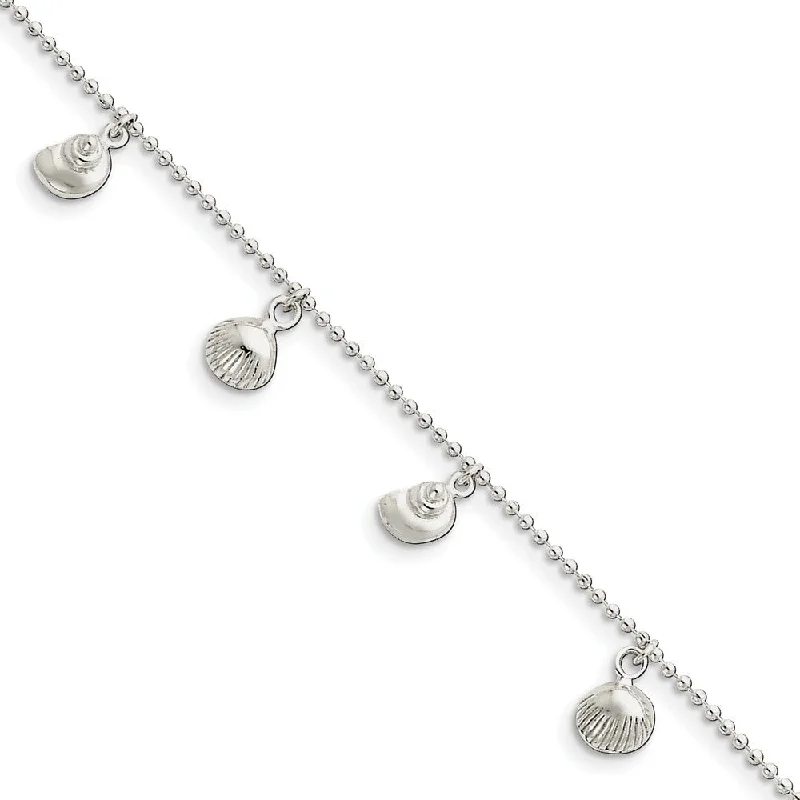 Sterling Silver 1.5mm Bead Chain And Sea Shell Charm Anklet, 9-10 Inch