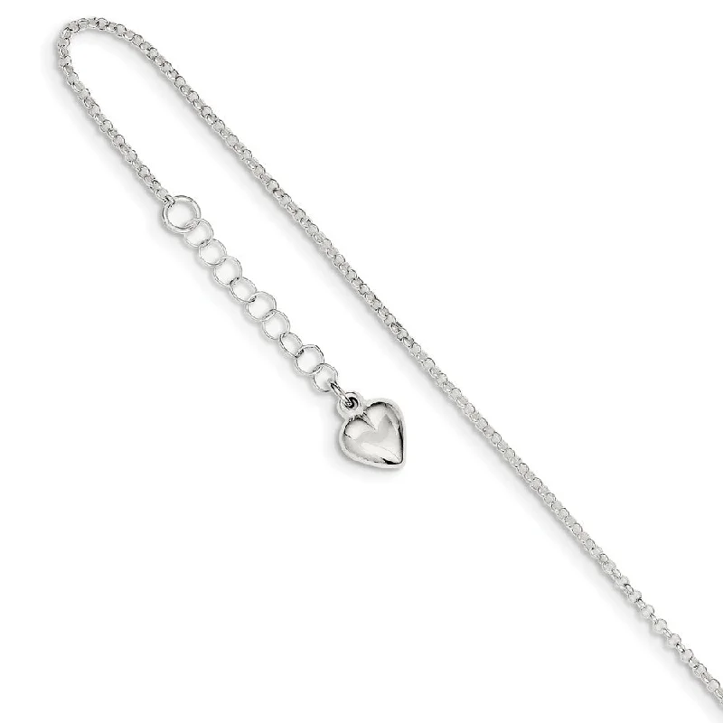 Sterling Silver 1.5mm Cable Chain And Puffed Heart Anklet, 9-10 Inch