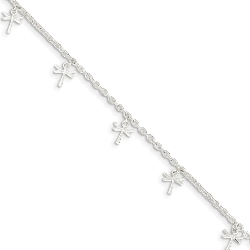 Sterling Silver 2.5mm Cable Chain And Dragonfly Charm Anklet, 9-10 In