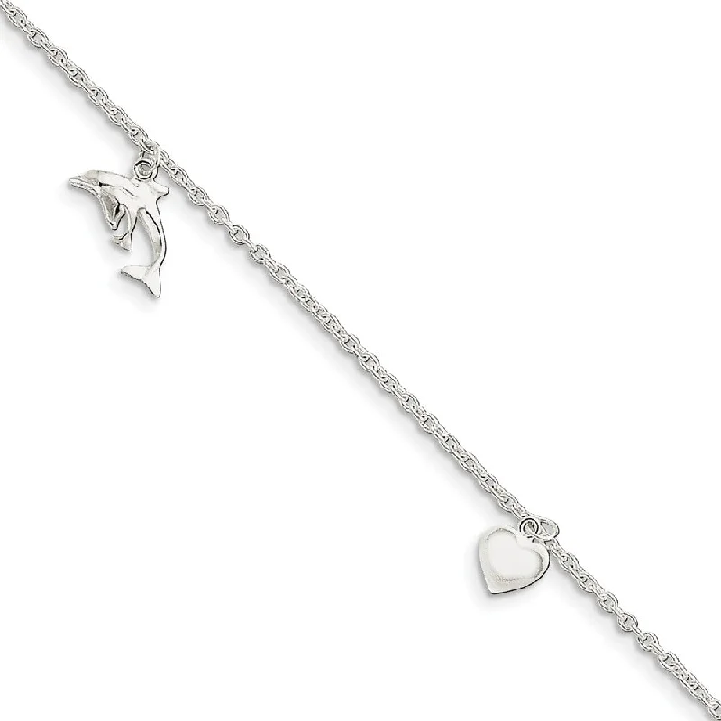 Sterling Silver 2mm Cable Chain, Dolphin Heart Star Anklet, 9-10 In