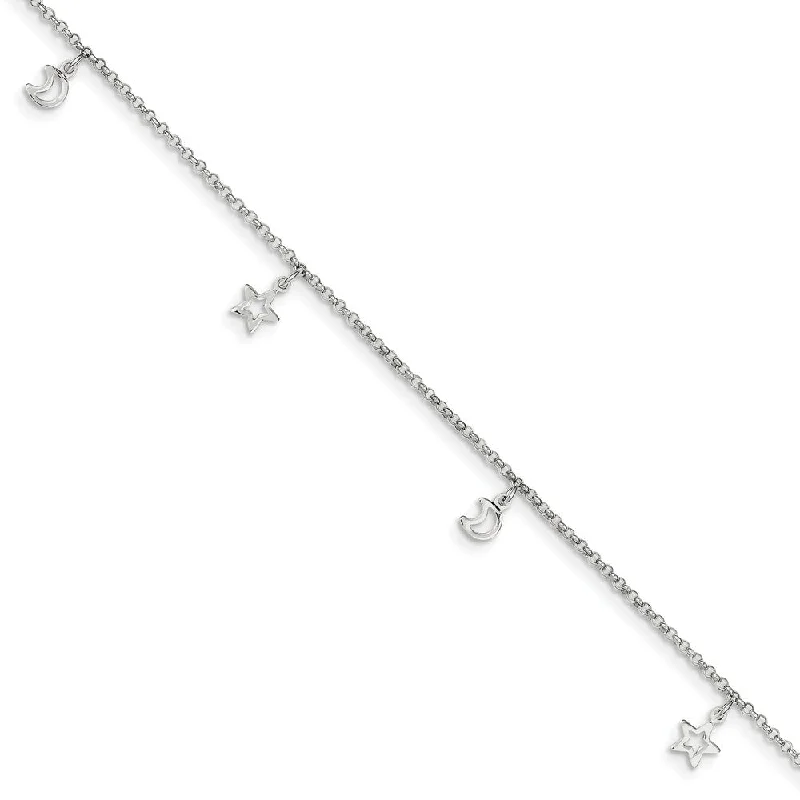 Sterling Silver 2mm Cable Chain Moon and Stars Charm Anklet, 9-10 Inch