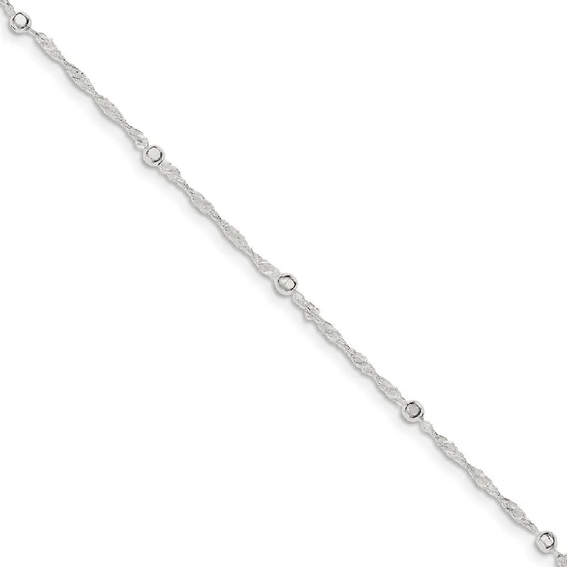 Sterling Silver 2mm Singapore And 3mm Bead Adj. Chain Anklet, 10 Inch