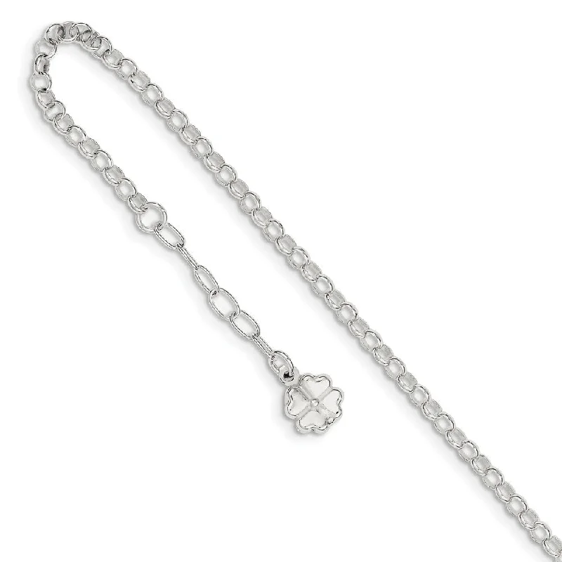 Sterling Silver 3.5mm Cable Chain And Four Leaf Clover Anklet, 9-10 In