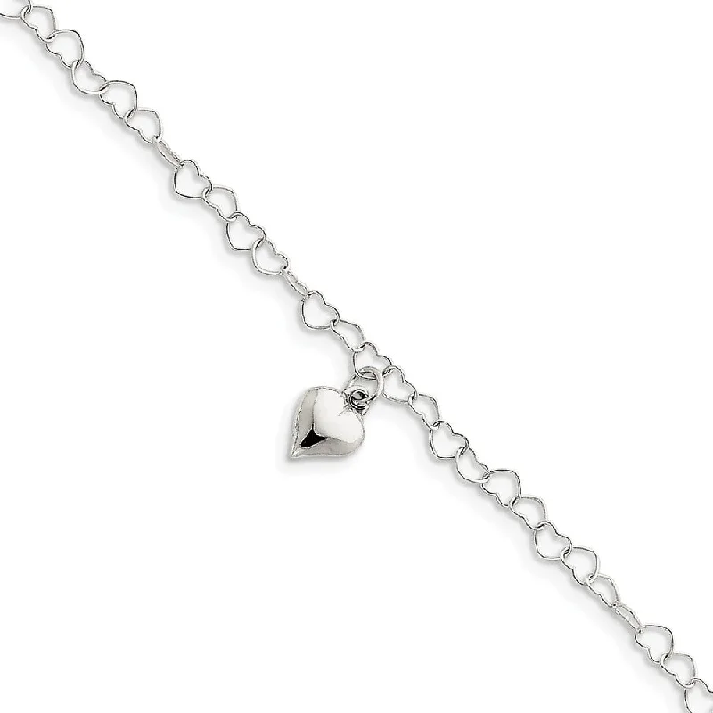 Sterling Silver 5mm Heart Link And Dangling 8mm Heart Anklet, 9-10 In