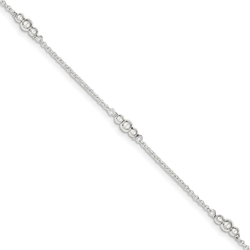 Sterling Silver Bead Accented Cable Chain Adjustable Anklet, 9 Inch