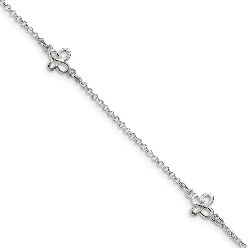 Sterling Silver Butterfly Station And 1.5mm Rolo Chain Anklet, 9-10 In