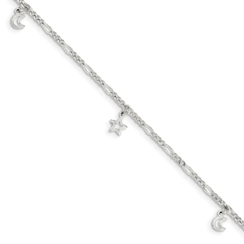 Sterling Silver Dangling Moon and Stars Adjustable Anklet, 9 Inch