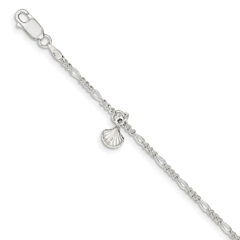 Sterling Silver Fan Shell and Figaro Chain Adjustable Anklet, 9 in