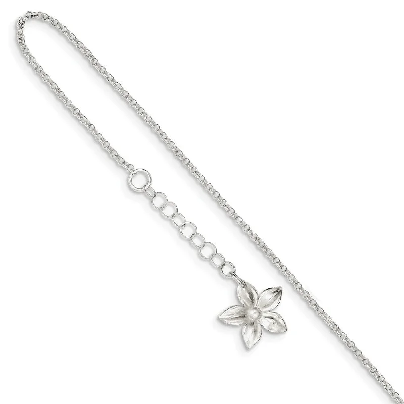 Sterling Silver Five Petal Flower Adj. Cable Chain Anklet, 9 in