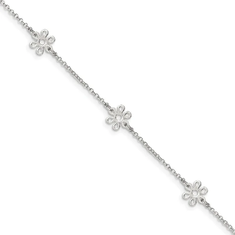 Sterling Silver Flower Station Cable Chain Adjustable Anklet, 9 Inch