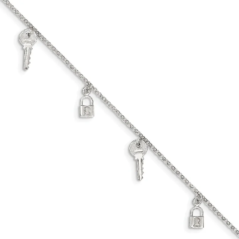 Sterling Silver Lock and Key Charm Anklet, 10 Inch