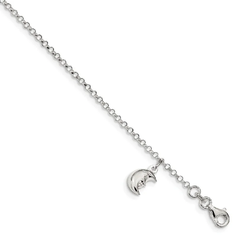 Sterling Silver Moon Dangle Charm And 1.5mm Rolo Chain Anklet 10-11 In