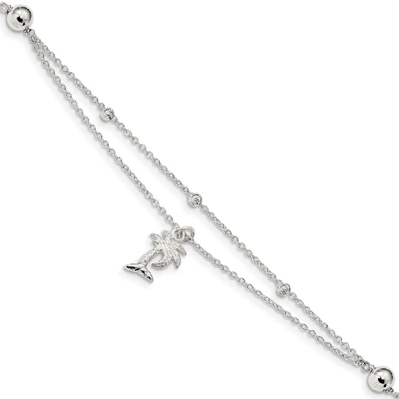 Sterling Silver Palm Tree And 2-Strand 1mm Cable Chain Anklet 9-10 In