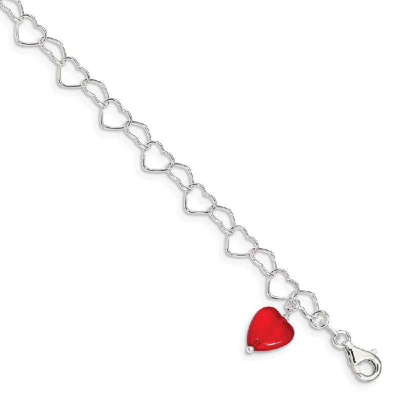 Sterling Silver Red Crystal Heart Link Anklet, 10 Inch