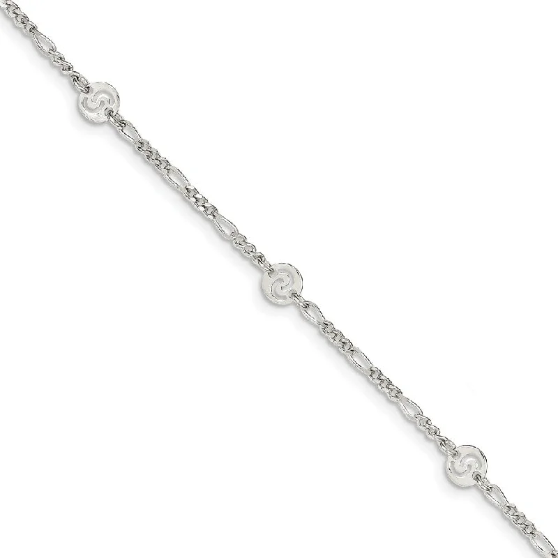 Sterling Silver Swirl Disc and Figaro Chain Adjustable Anklet, 9 Inch