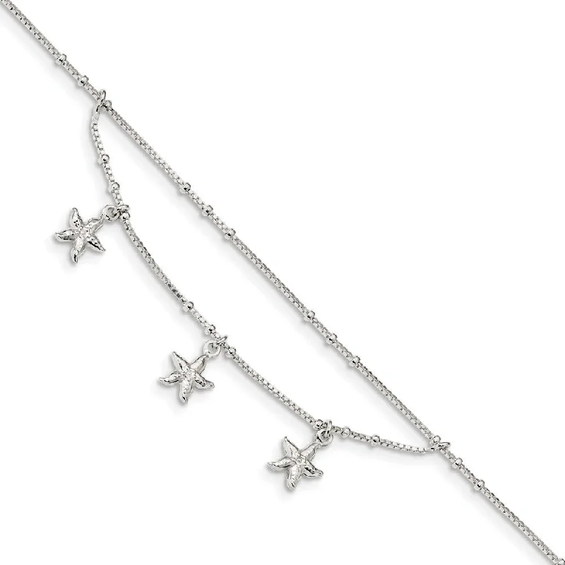 Sterling Silver Triple Starfish 0.8mm Box Chain Swag Anklet, 9-10 In