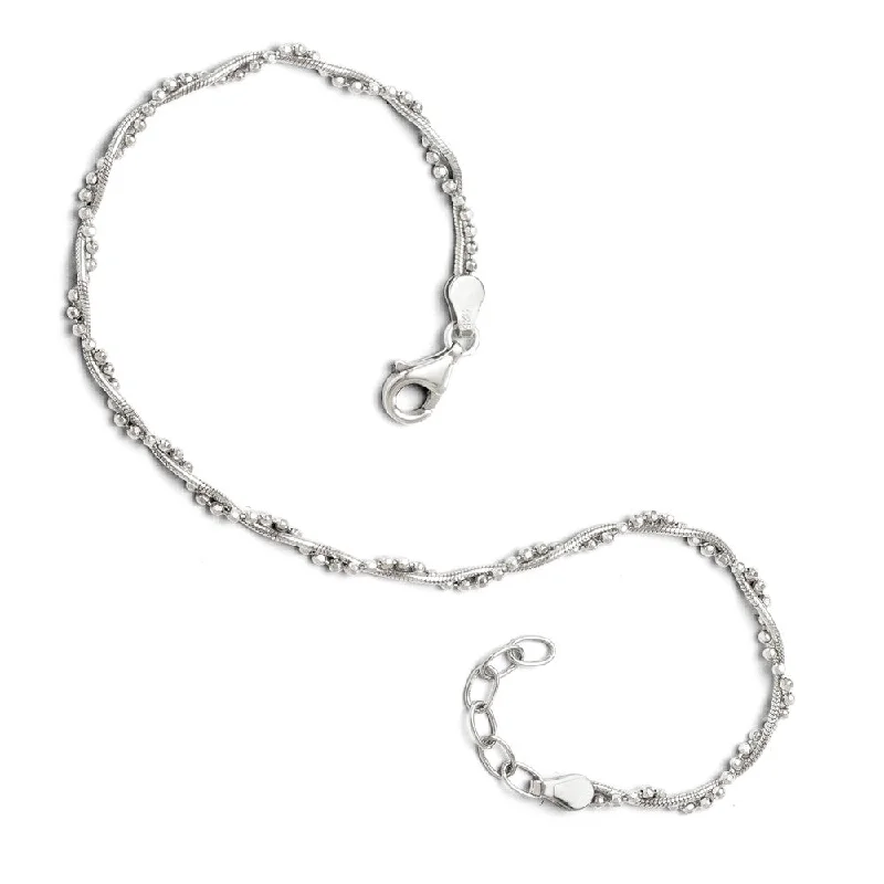 Sterling Silver Twisted Bead and Snake Chain Anklet, 9-10 Inch