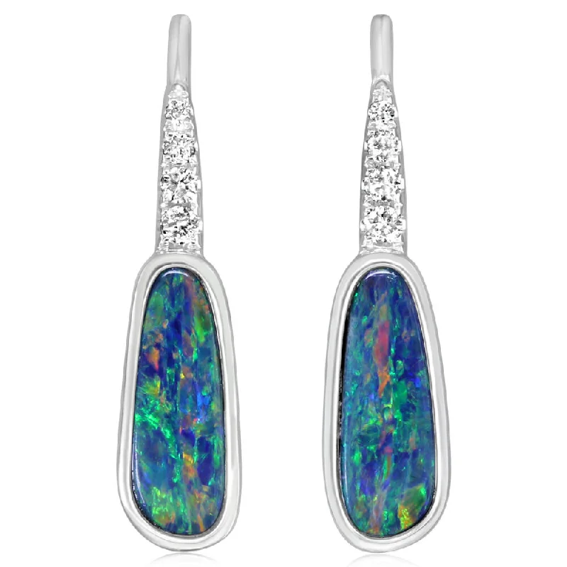 Jewelry Clearance Event – Last Chance For Stunning Deals 14K White Gold Australian Opal Doublet/Diamond Earrings