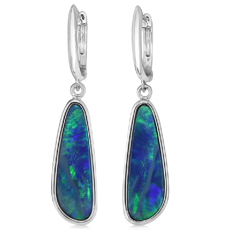 Final Call For Exquisite Jewelry At Reduced Rates 14K White Gold Australian Opal Doublet Plain Bezel Leverback Earrings