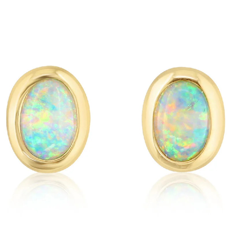 Bestselling Jewelry Now On Sale – Elevate Your Look 14K Yellow Gold 4x6 Oval Australian Opal Earrings