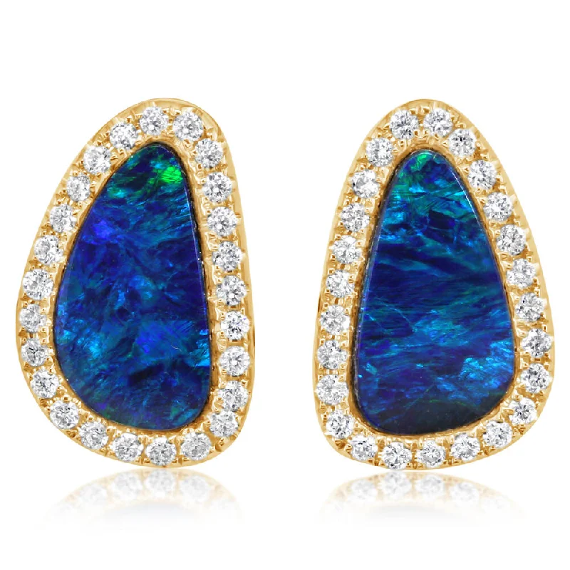 Celebrate With Sparkle – Jewelry Sale Now Live 14K Yellow Gold Australian Opal Doublet/Diamond Earrings