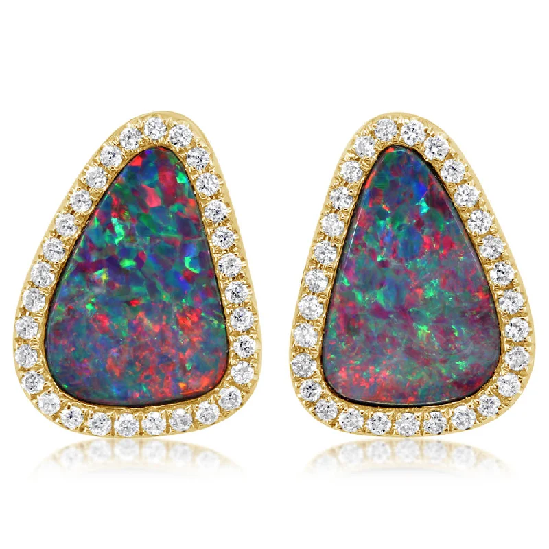 Unmissable Jewelry Sale – Shop Before It's Too Late 14K Yellow Gold Australian Opal Doublet/Diamond Earrings