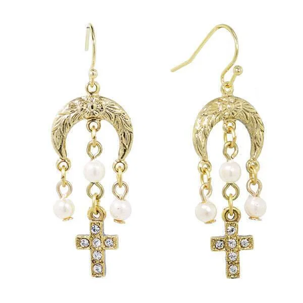 Elegant Jewelry, Affordable Luxury – Shop Now 1928 Jewelry Crescent Flower Moon Faux Pearls And Crystal Cross Dangle Earrings