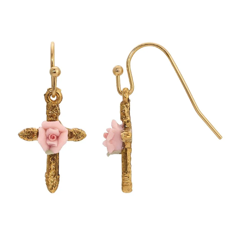 Exclusive Jewelry Markdowns – Limited-Time Offer 1928 Jewelry Cross & Pink Porcelain Rose Drop Earrings