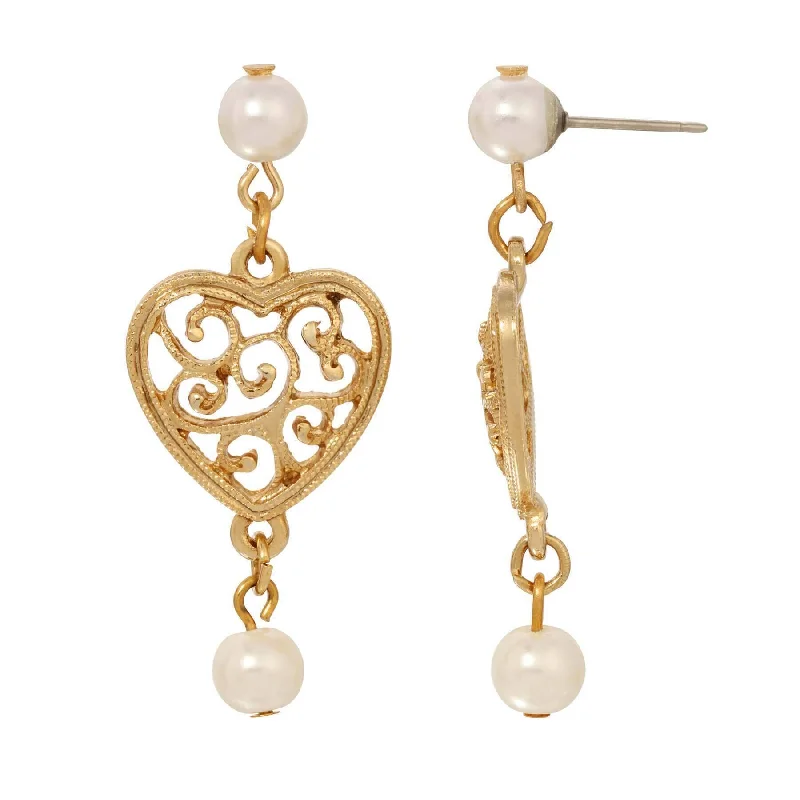 Final Call For Exquisite Jewelry At Reduced Rates 1928 Jewelry Gold Filigree Heart & Faux Pearl Post Dangle Earrings