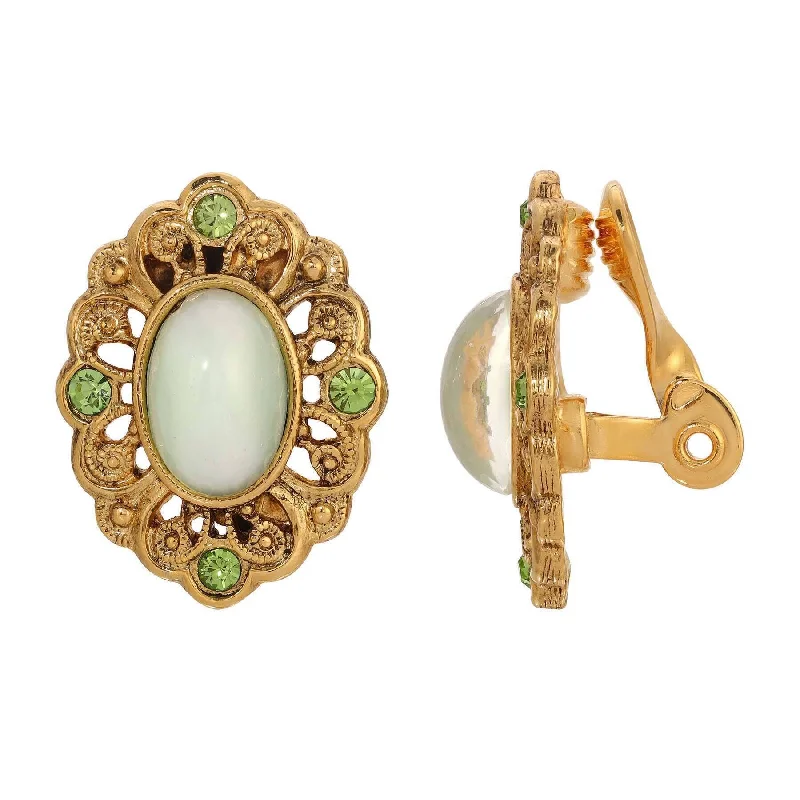 Luxury Jewelry Now At Special Promotional Rates 1928 Jewelry Light Green Cat's Eye & Peridot Green Crystal Filigree Clip On Earrings