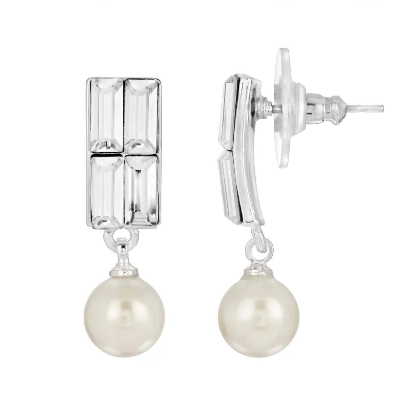 Seasonal Jewelry Sale – Upgrade Your Style Today 1928 Jewelry Rectangular Clear Crystal & Faux Pearl Post Drop Earrings