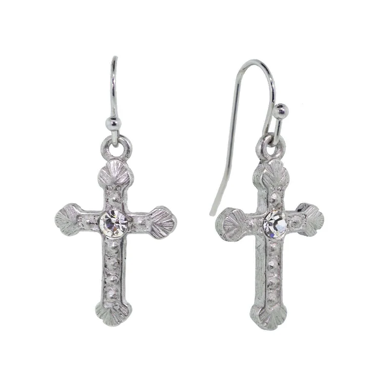 Exclusive Online Jewelry Sale – Don't Wait 1928 Jewelry Crystal Accent Ornate Silver Tone Cross Drop Earrings