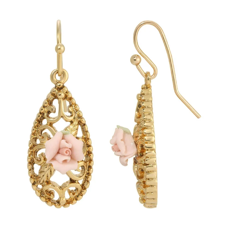 Bohemian-Inspired Jewelry For Free-Spirited Fashion 1928 Jewelry Teardrop Filigree Pink Porcelain Rose Drop Earrings