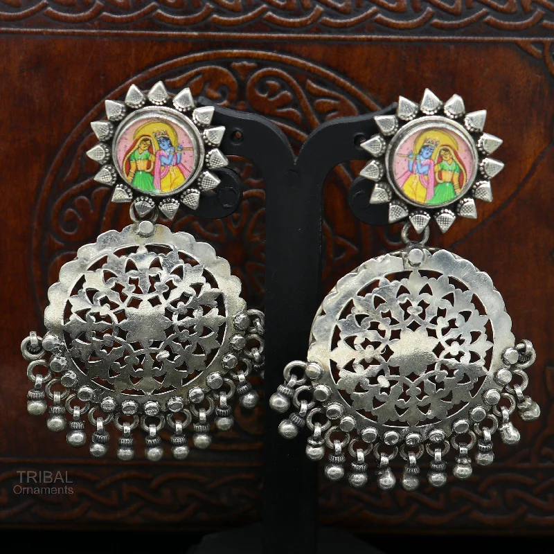 Exclusive Jewelry Markdowns – Limited-Time Offer 925 sterling silver drop dangle heavy look stud earring with exclusive Radha krishna panting, fabulous unique wedding brides earrings s968