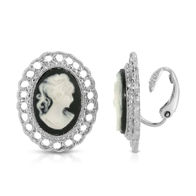 Premium Diamond Jewelry For Unforgettable Moments 1928 Jewelry Black Cameo Oval Filigree Button Clip On Earrings