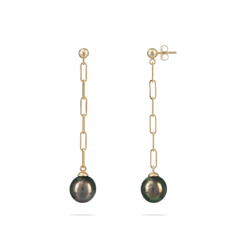 Get Your Favorite Jewelry At The Best Price Tahitian Black Pearl Paperclip Chain Earrings in Gold - 9-10mm