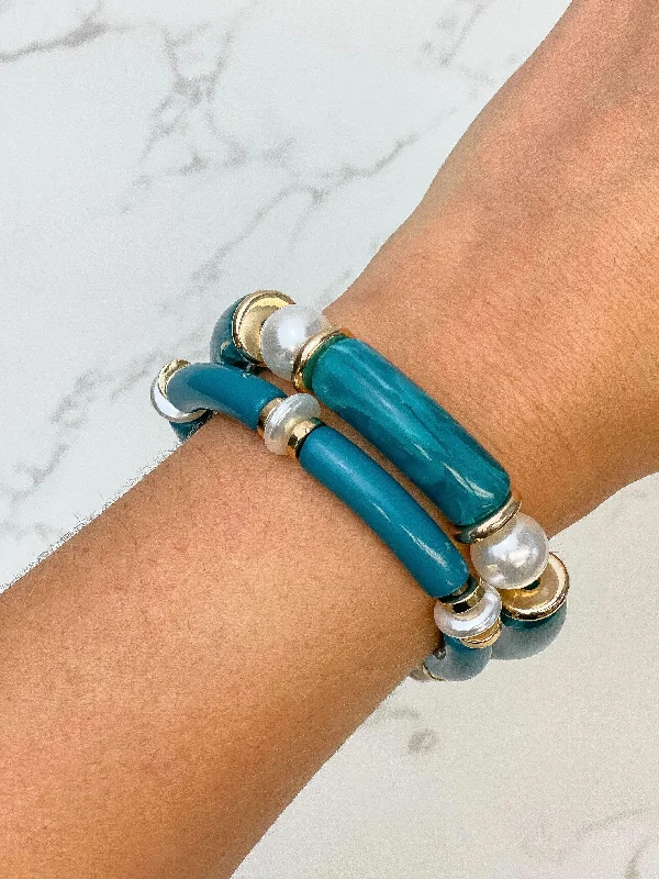 Limited-Time Jewelry Sale – Elegant Styles At Less Acrylic Pearl Tube Bracelet Set - Teal