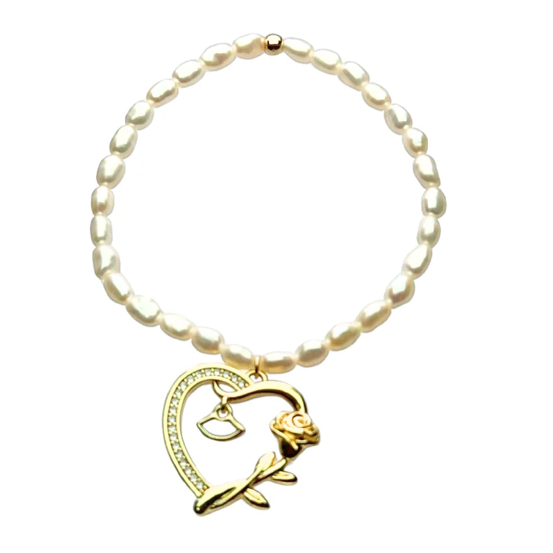 Stunning Jewelry Pieces At The Lowest Prices Ever "HEART ROSE + BUTTERFLY" Pearls w/ Gold Filled beaded Bracelets