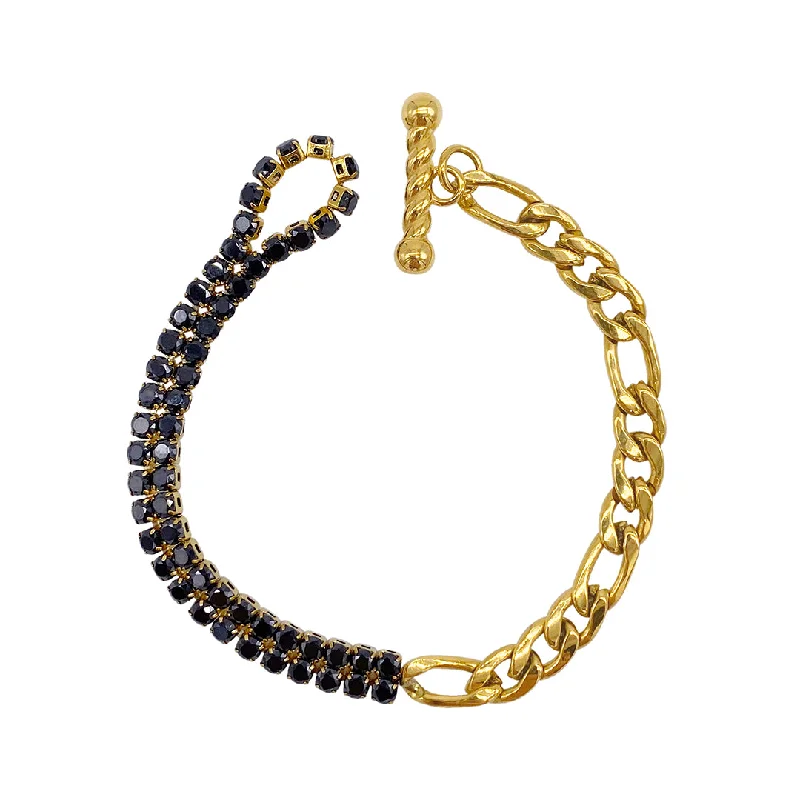 Elegant Designs, Unbeatable Discounts – Shop Jewelry Now Tarnish Resistant 14k Gold Plated Half and Half Figaro and Black Crystal Toggle Bracelet