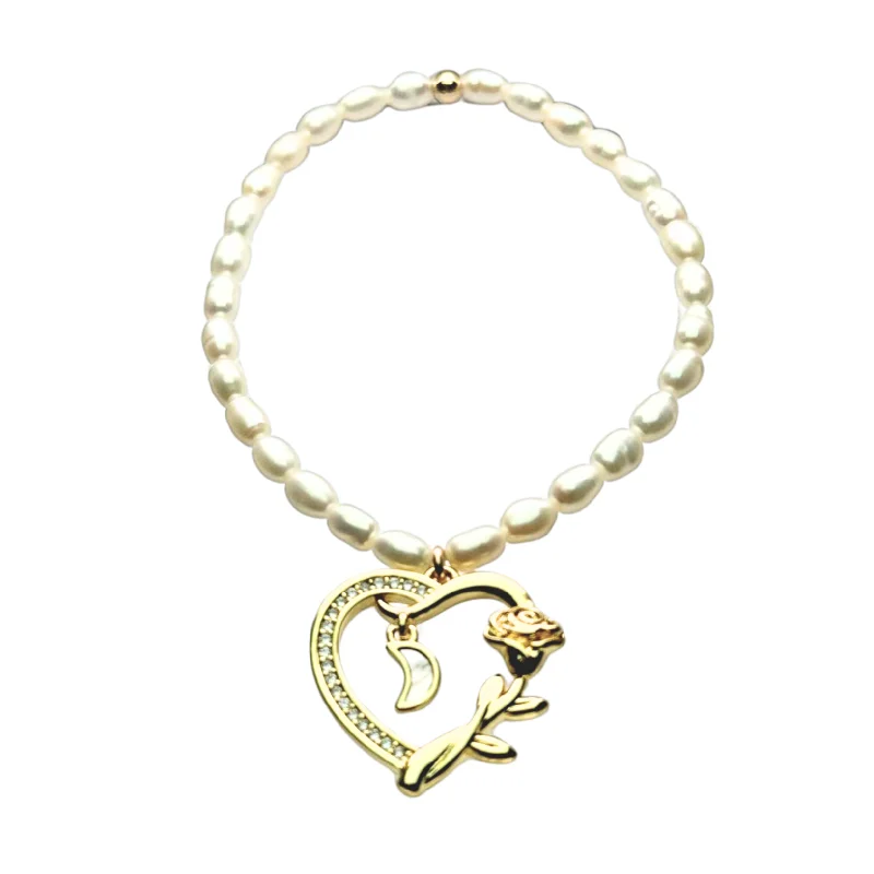 Shop High-Quality Jewelry At Jaw-Dropping Discounts "HEART ROSE + MOON" Pearls w/ Gold Filled beaded Bracelets