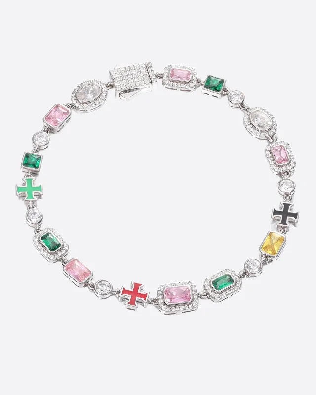 Affordable Elegance – Premium Jewelry At Special Prices MOISSANITE CROSS & GEMSTONES BRACELET. - WHITE GOLD