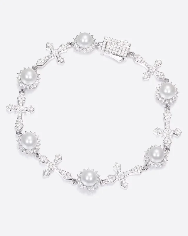 Personalized Engraved Jewelry For Meaningful Gifts MOISSANITE ICY CROSSES & PEARLS BRACELET. - WHITE GOLD