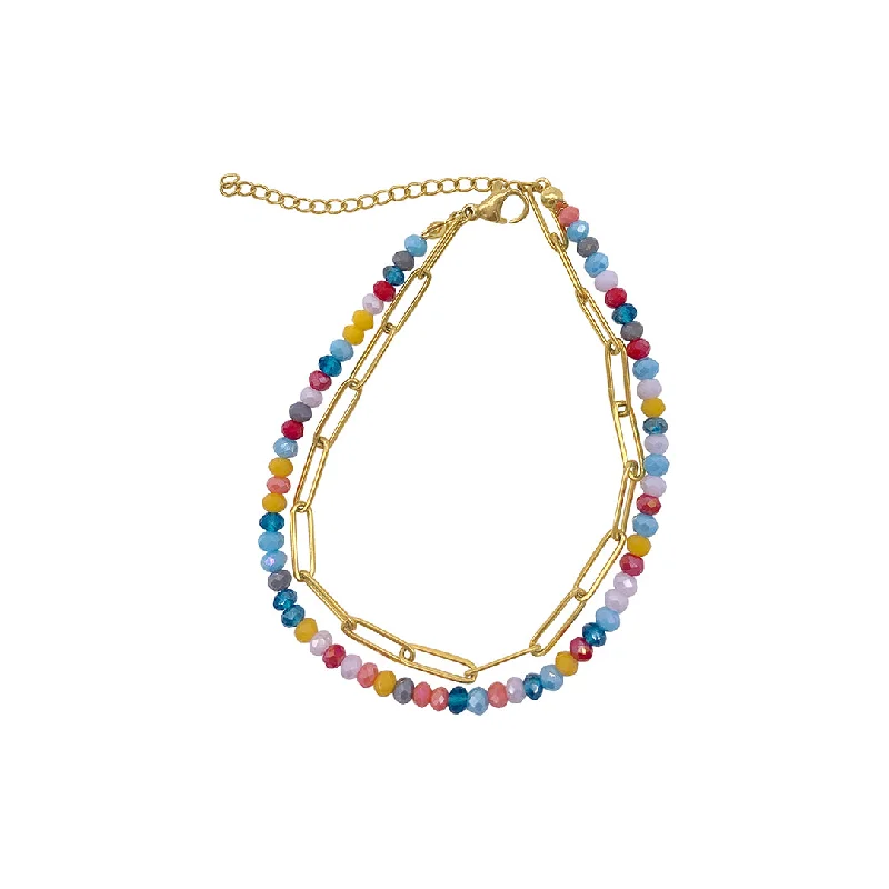 Shop Stylish Jewelry Now And Save Big 14k Gold Plated Multi Color Bead and Paper Clip Chain Double Bracelet