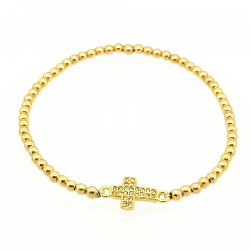 Last Chance To Shop High-End Jewelry At Markdown Prices "ESTHER" Pave Cross Charm on Gold Filled Ball Beaded Bracelet