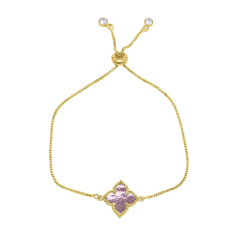 Discounted Jewelry For A Glamorous Look 14k Gold Plated Pink Mother of Pearl Flower Adjustable Bolo Bracelet