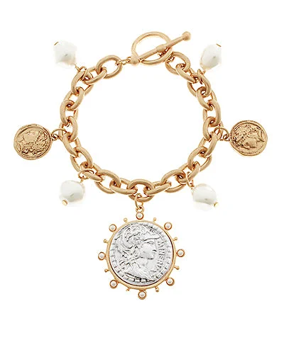 Trending Jewelry Styles Now At Limited-Time Discounts Two-Tone Chunky Coin & Pearl Charm Bracelet